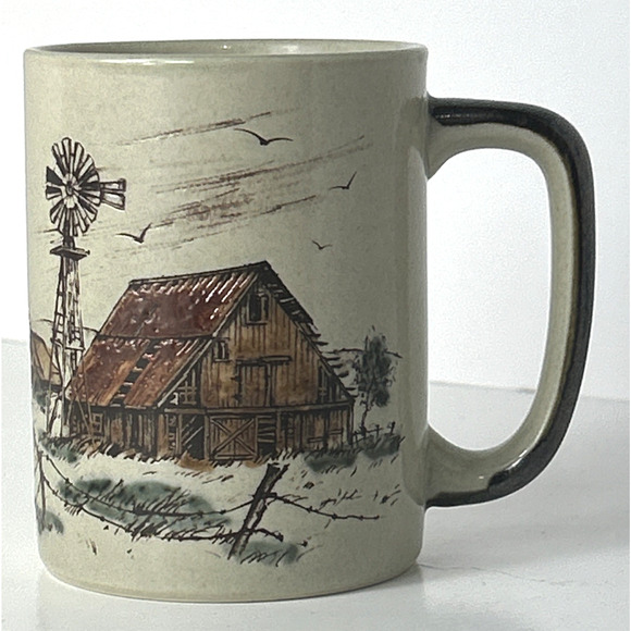 Vintage OTAGIRI Coffee Cocoa Tea Mug Country Farm Barn Windmill Embossed - Picture 1 of 7